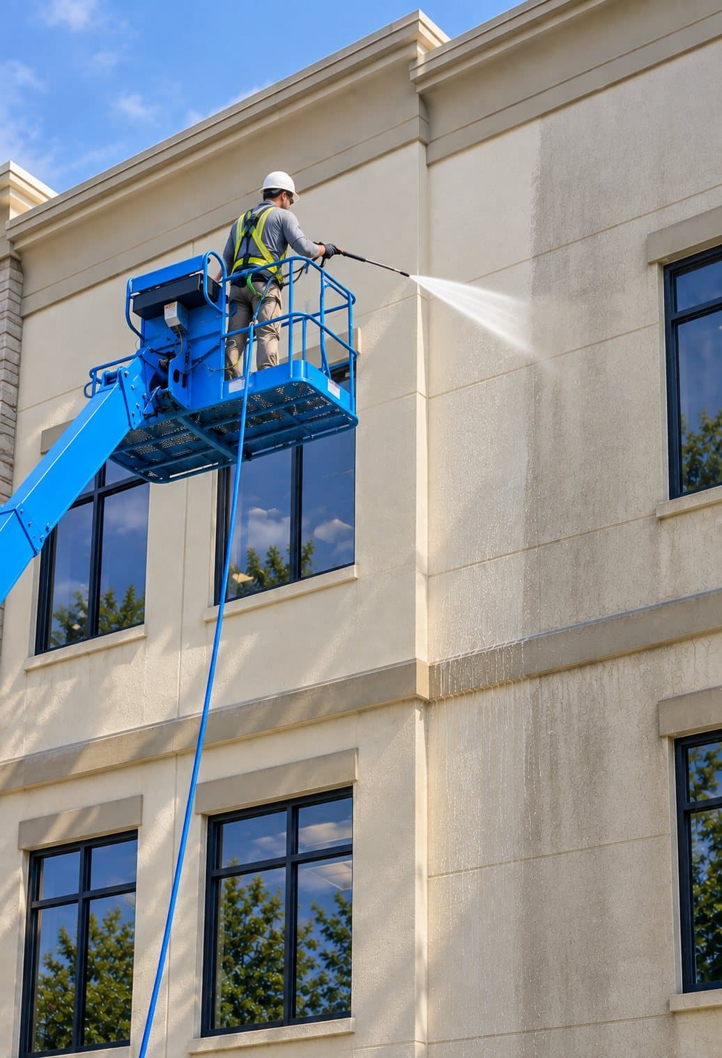 Technician on a lift washing an upper-floor building facade